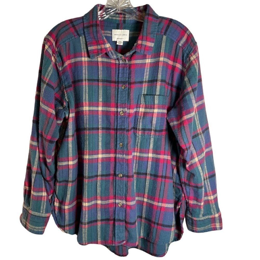 American Eagle "Boyfriend Fit" Soft Women's Medium Green Plaid Button Down Shirt